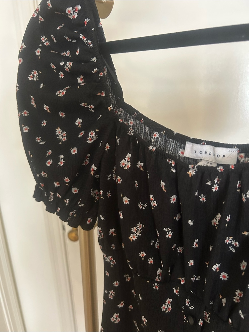 Topshop Black Floral Puff Sleeve Midi Dress Cottagecore Milkmaid US 6 - Picture 3 of 6